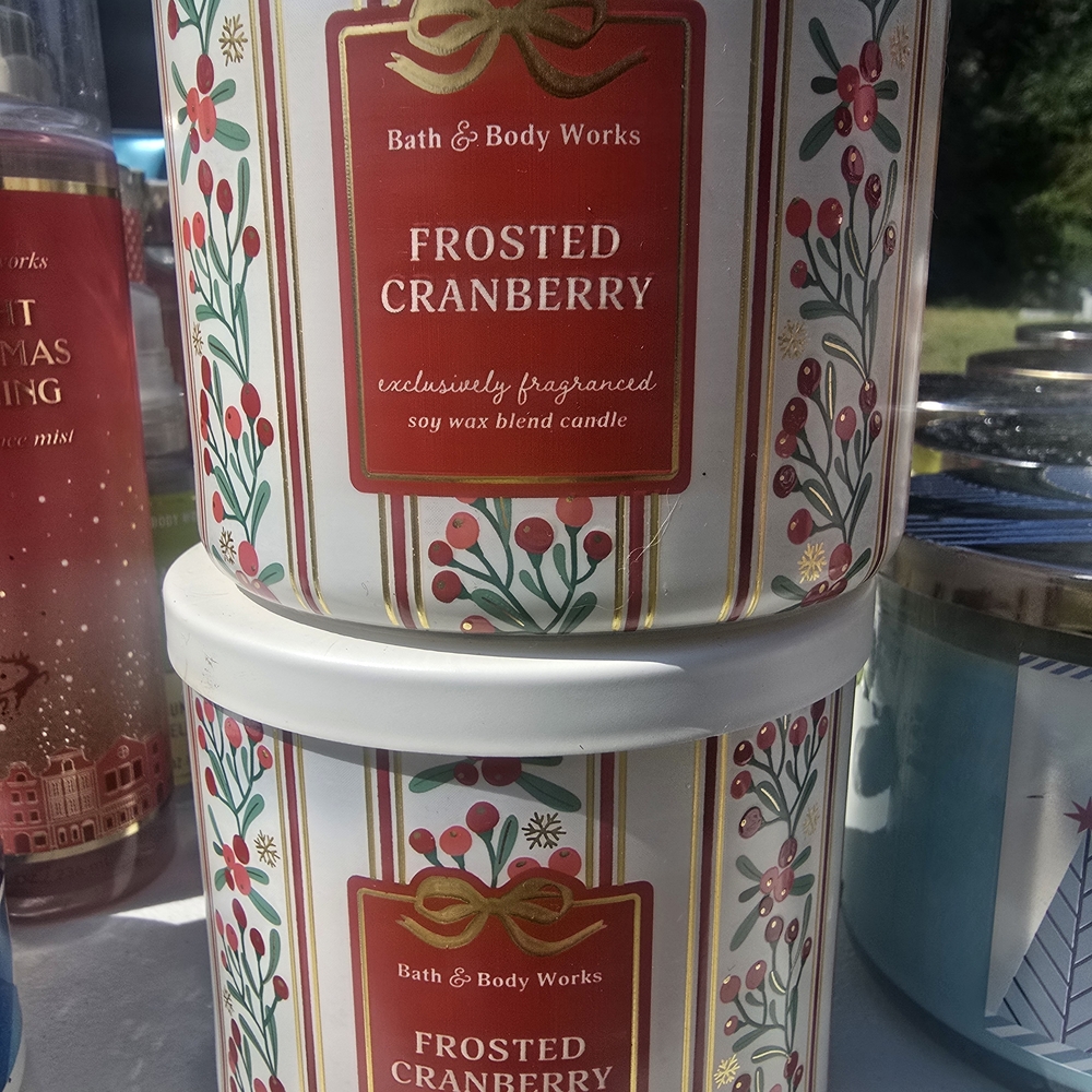 Bath & Body Works Frosted Cranberry Candle with Red and Green Design